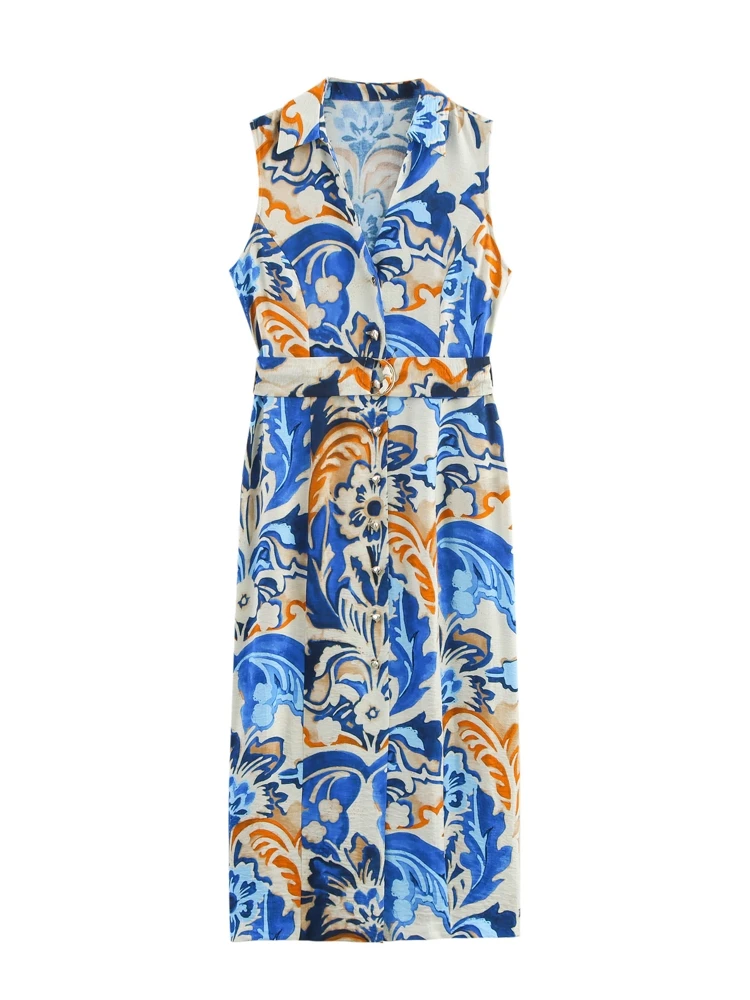 

OUROPEAN ZTATION 2025 Summer Lady Commuting Sleeveless Dresses Top Casual Female Turn-down Collar Midi Skirt Print belt Dress