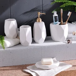 Polygon Ceramic Bathroom Toiletries Set Liquid Dispensing Bottle Soap Dishes Mouthwash Cup Toothbrush Holder Home Wash Set