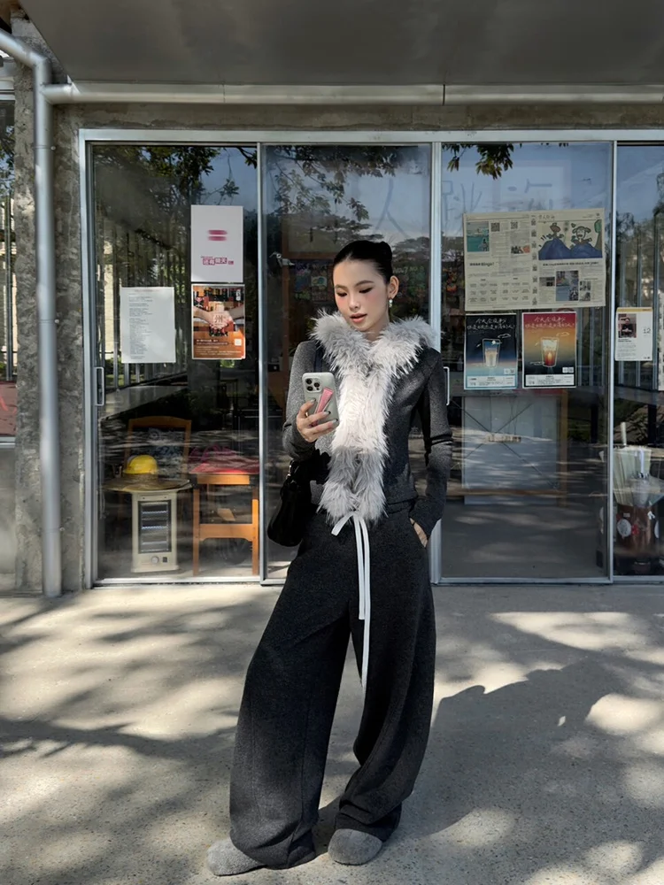 

MMFI2025 Autumn New Retro Fce Zipper Fur Collar Hooded Women's Long Sve Faion ort Coat Korean Sle Slim Fit Knit...