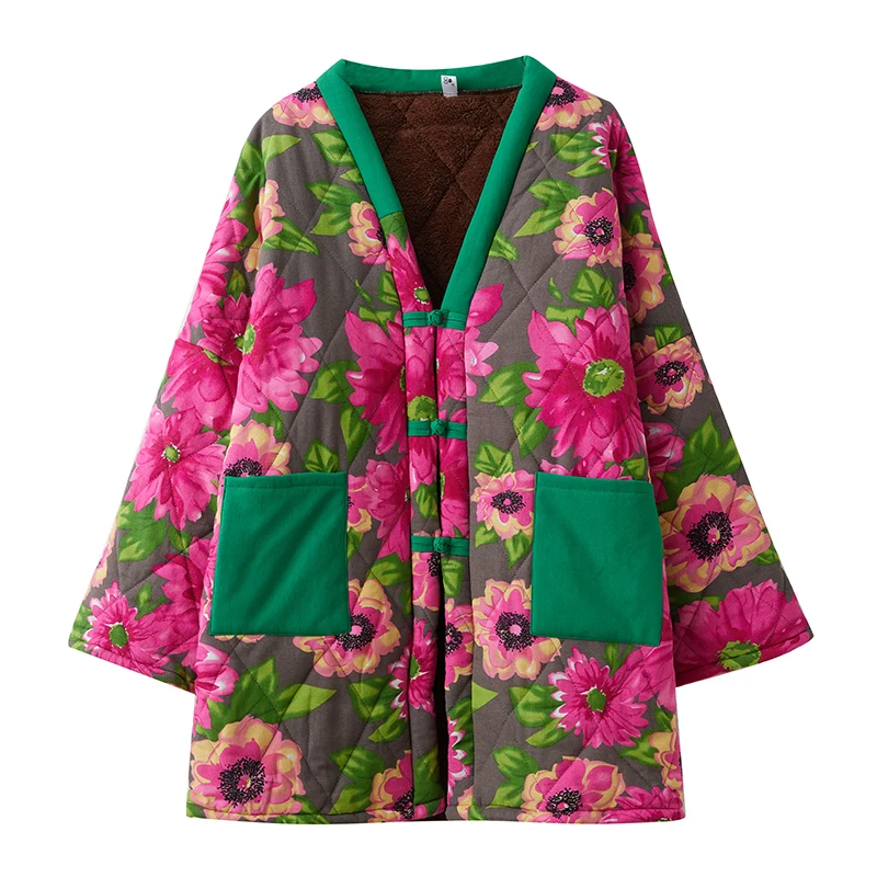 

Retro Print Thiened Cotton Jaet Women's Winter Coat Long Sve V-Ne Mid-Length Ethnic Sle Old Floral Cloth Coat