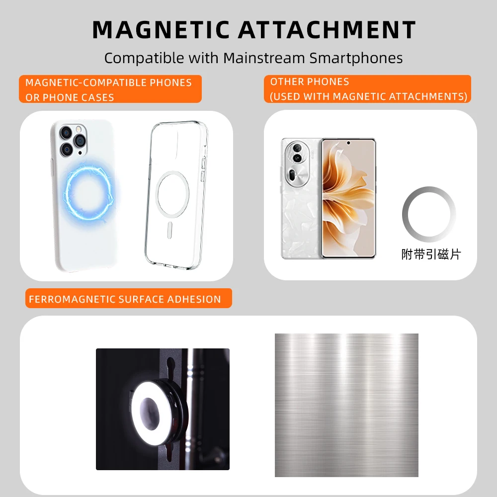Magsafe Magnetic Fill Lights For iPhone 16 15 Universal Photography Live Broadcast LED Selfie Ring Lamp Retractable Flip Bracket