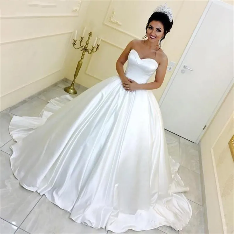 ANGELSBRIDEP Sweetheart Satin Wedding Dresses Ball Gown Vestido De Noiva Sexy Corset Lace-up Back Simple Court Train Bridal Gown