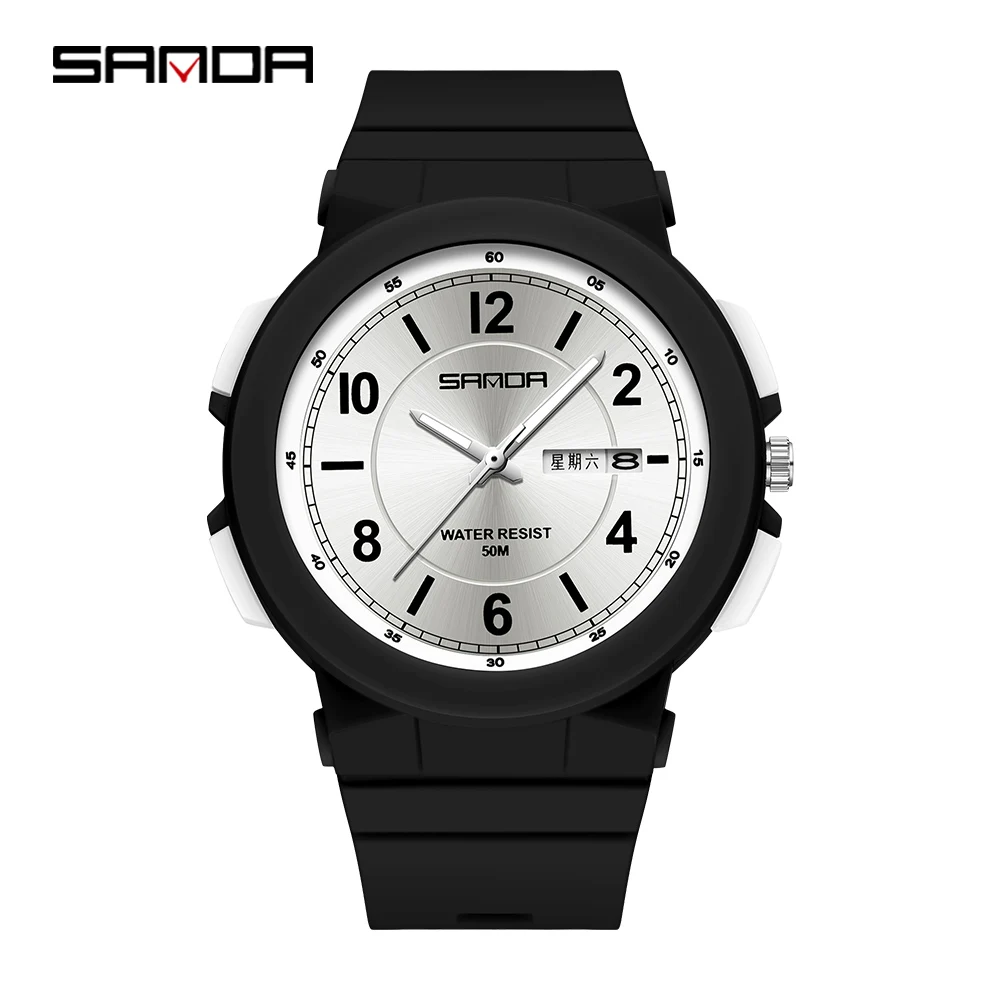 Fashion Sanda Top Brand 6097 Casual Women's Resin Waterproof Quartz Simple Student Wrist Watches Dual Calendar Relogio Feminino