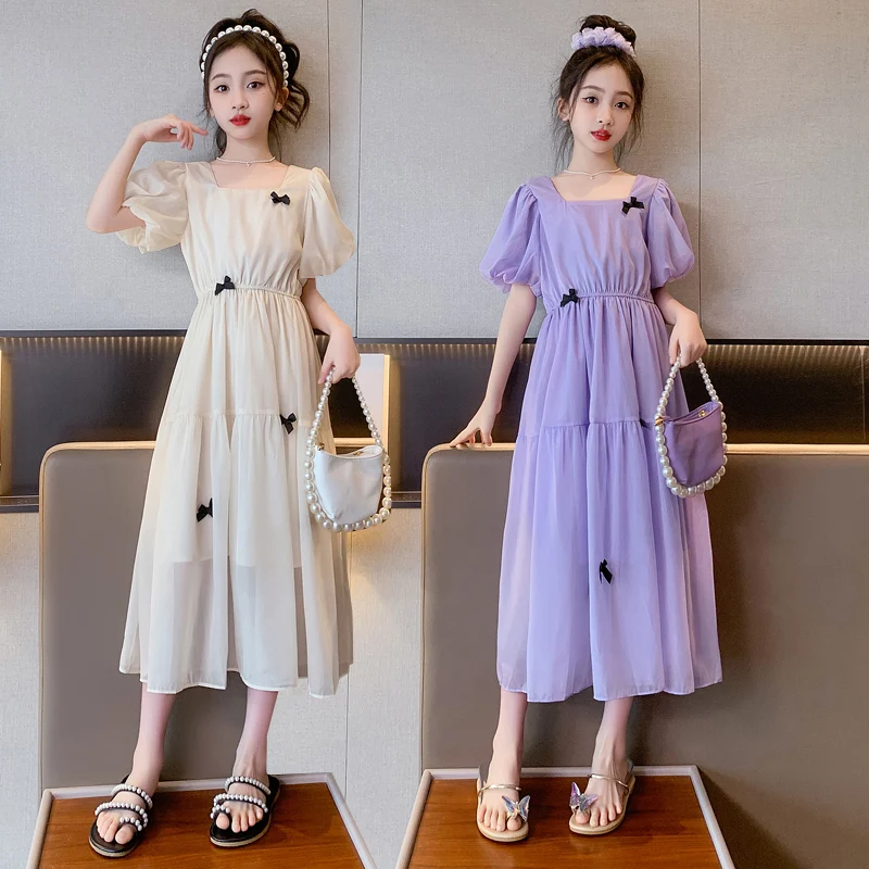 2025 new girls' butterfly chiffon dress summer children's party princess dress square neckline puffed sleeves women's skirt