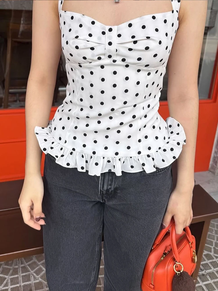 Nibber Polka Dot Print Tops Women Halter Low-Neck Bandage Ruffles Backless Sleeveless Skinny Fashion Street Versatile Vest