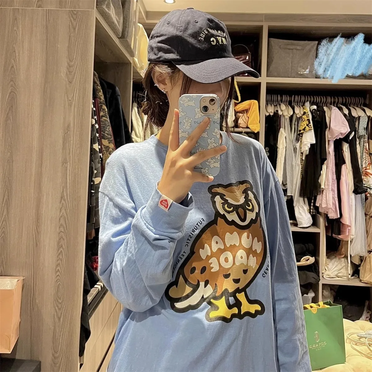 

Humanmade cartoon owl long sleeved T-shirt, creative and fun, loose fitting for men and women, round neck base shirt
