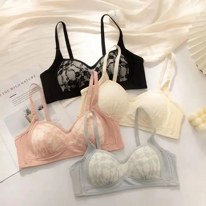 1PC 3/4 Cup Floral Lace Wireless Bra, V Neck Bowknot Gathered Push Up Brassiere, Women Tube Top Underwear