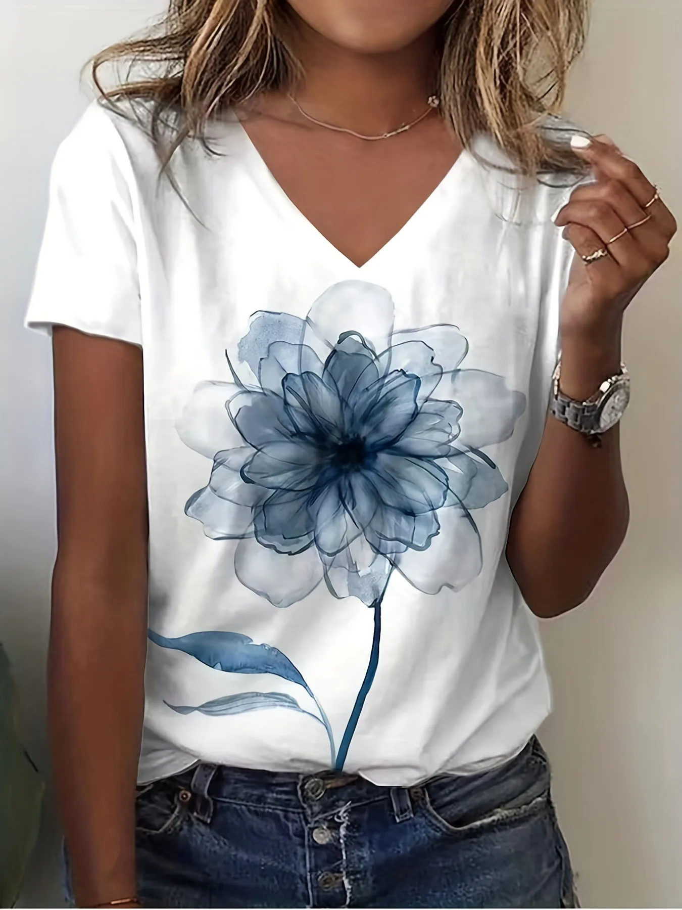 

Women's t-shirt Casual V Neck Slight Stretch Short Sleeve Vibrant Floral Print Design Polyester Summer Essential Relaxed Breatha