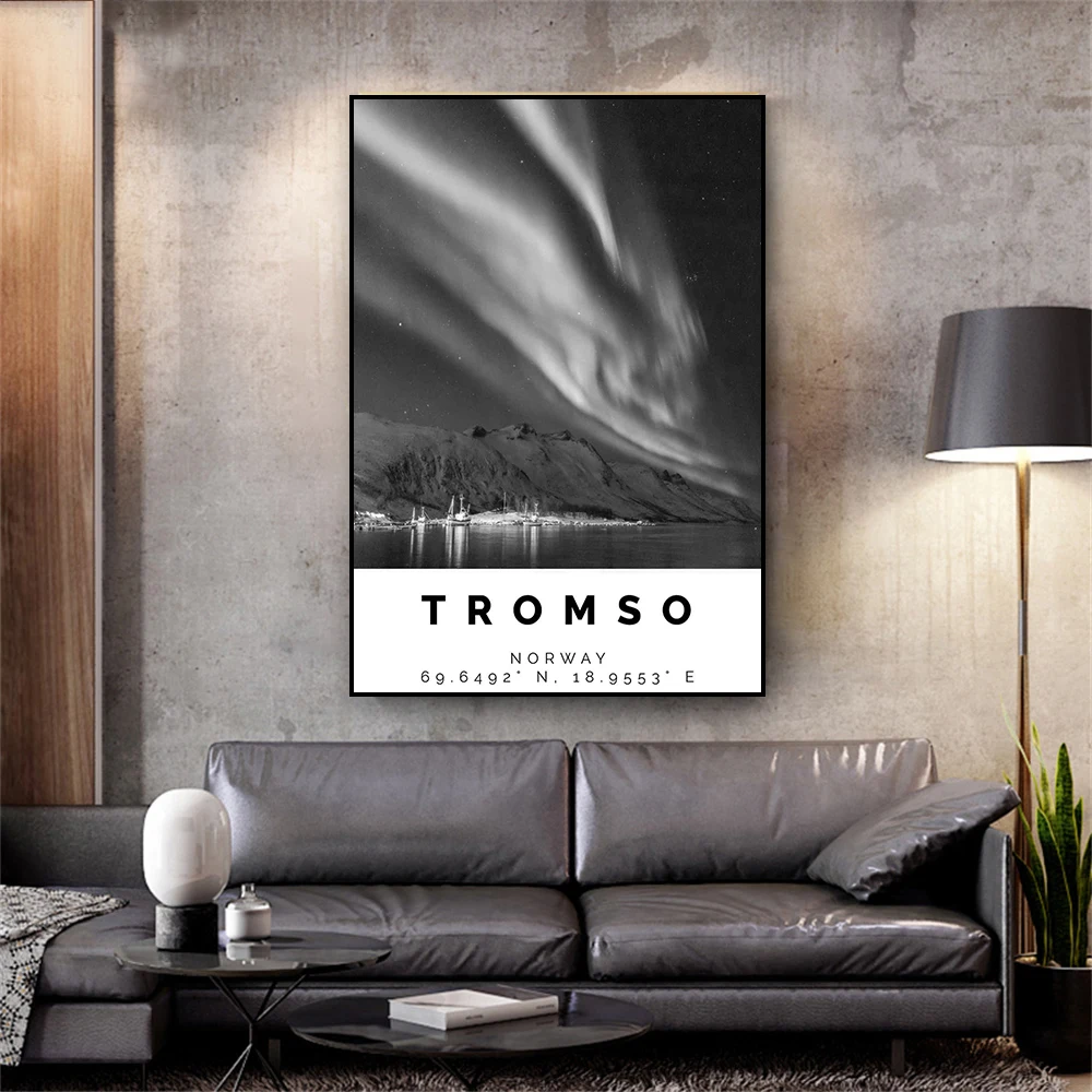 

Tromso Poster Black and White Travel Poster Tromso Wall Art Prints Tromso Landscape Norway Canvas Painting Vintage Office Decor