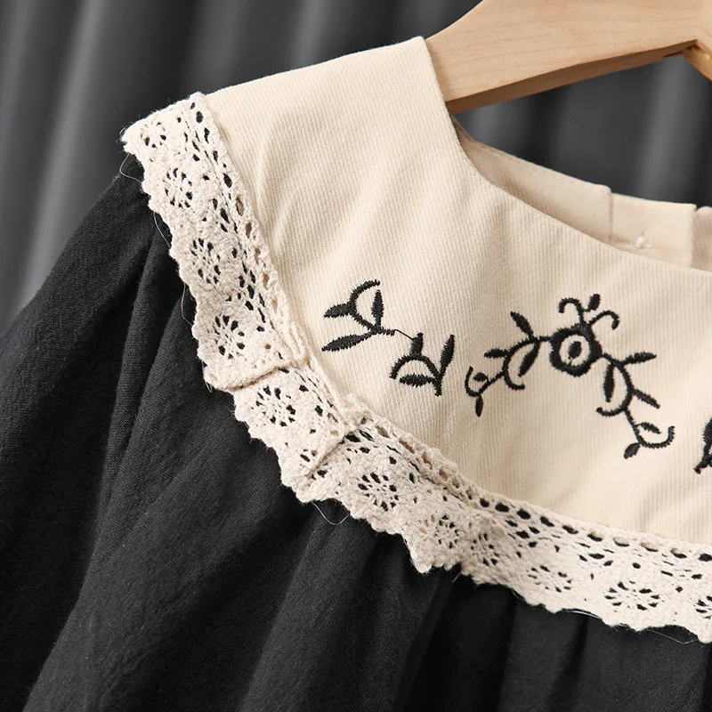 Spring Autumn Kids Baby Girls Long Sleeve Sweet Embroidery Flower Princess Dress New Black Girl Dress Children Clothes Dresses