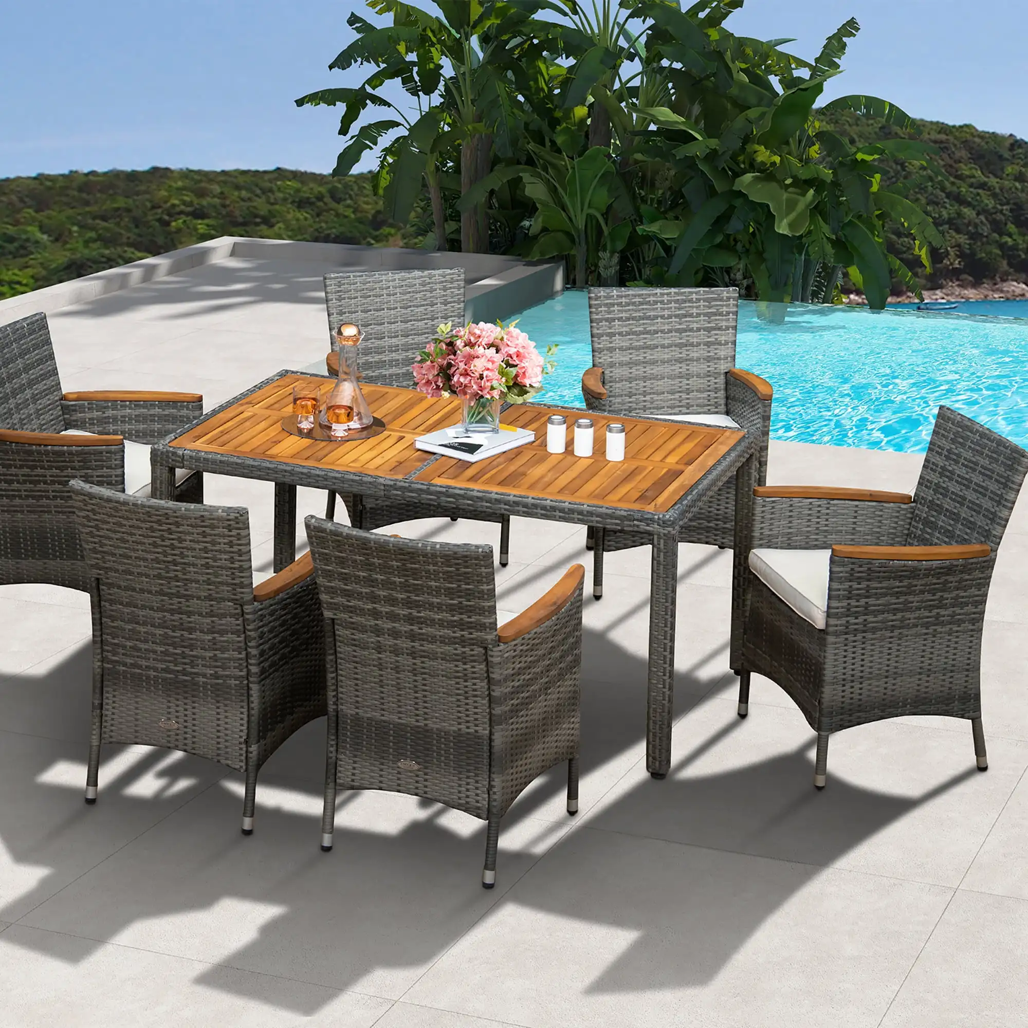 

7PCS Outdoor Dining Set Patio Acacia Wood and Rattan Furniture Set w/ Cushions Zipper design makes the cushion cover simple