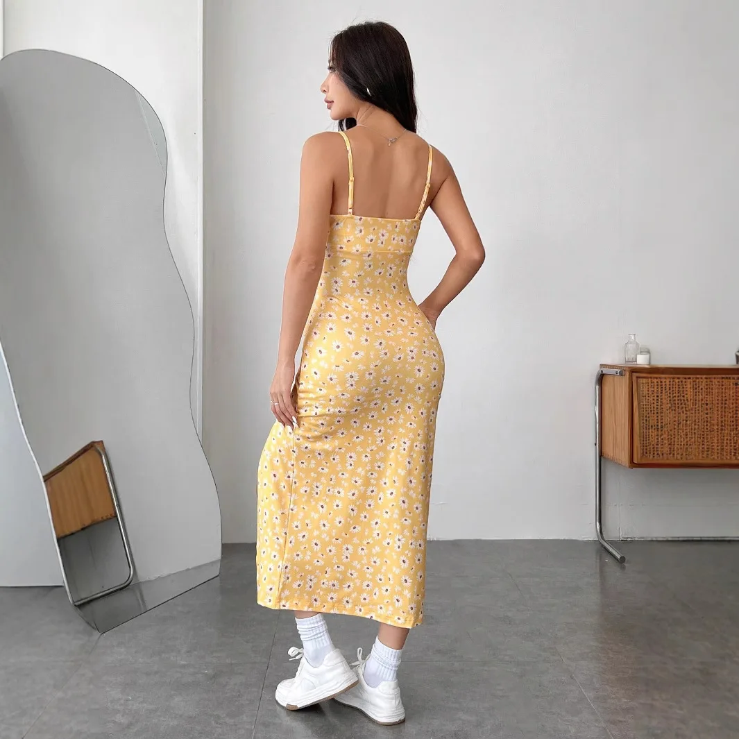 2025 Wiosna/lato Sukienka damska z szelkami, owinięta w klatkę piersiową, rozcięcie, mała stokrotka, nadruk owinięty biodrami, sukienka średniej wielkości