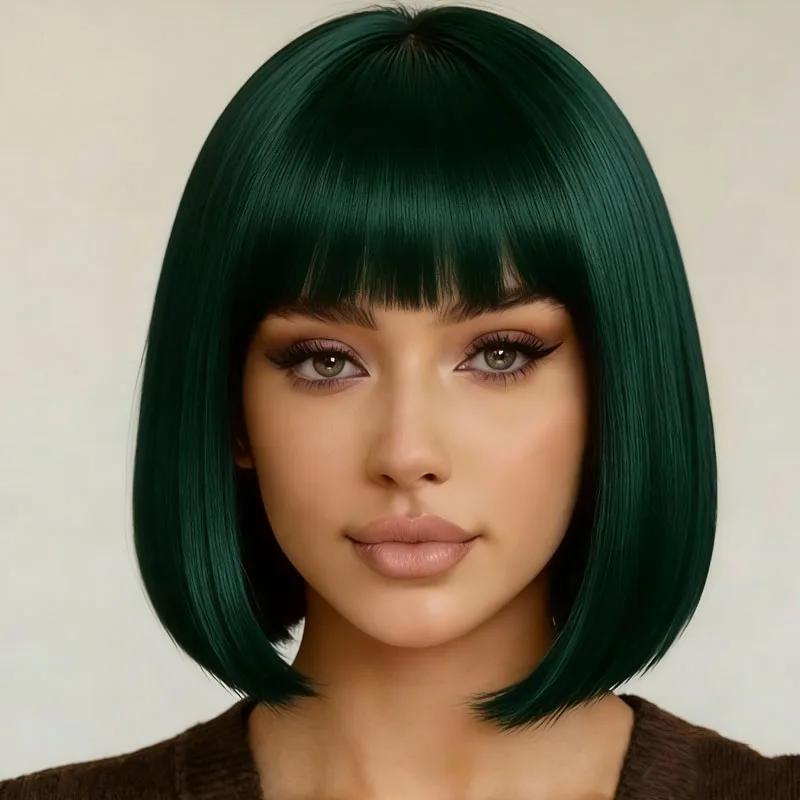 Party exclusive dark green bobo wig 12 inches with bangs synthetic fashion versatile suitable for daily and Halloween all women