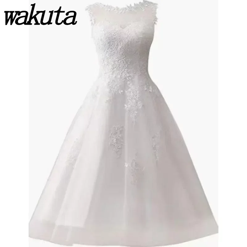 Wakuta-elegante vestido de noiva com pescoço redondo, vestido slim fit, floresta série, branco, sem mangas, aniversário, noite