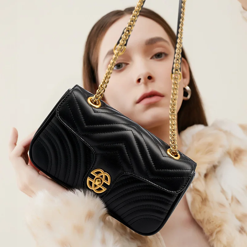 Genuine Leather Women's Chain Bag 2024 New Luxury Designer Cowhide Women Crossbody Shoulder Bags Geometric Pattern Handbag