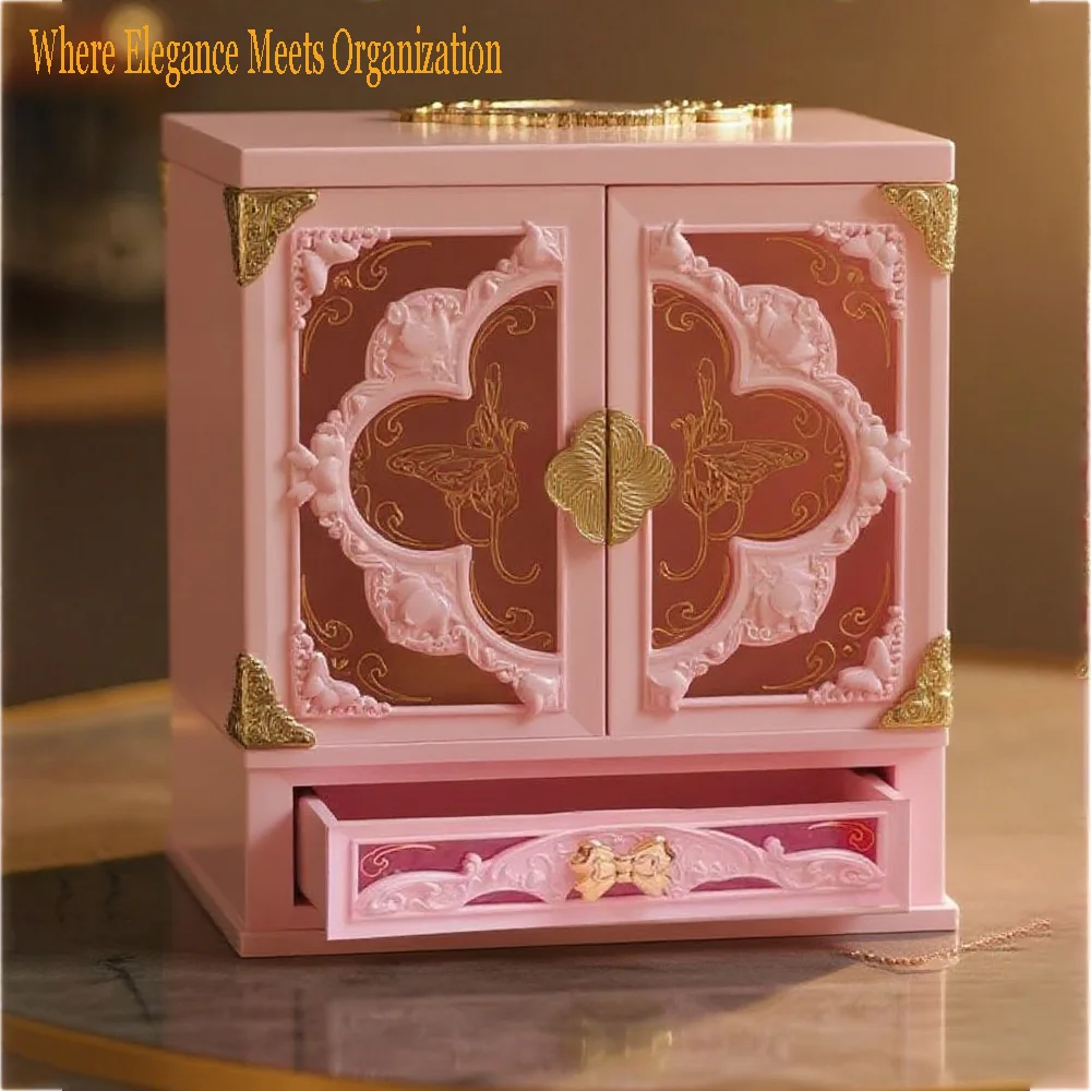 Princess Makeup Organizer with LED Light & Mirror, Rococo Jewelry Box, Dustproof Storage Case, Aesthetic Vanity Gift fo