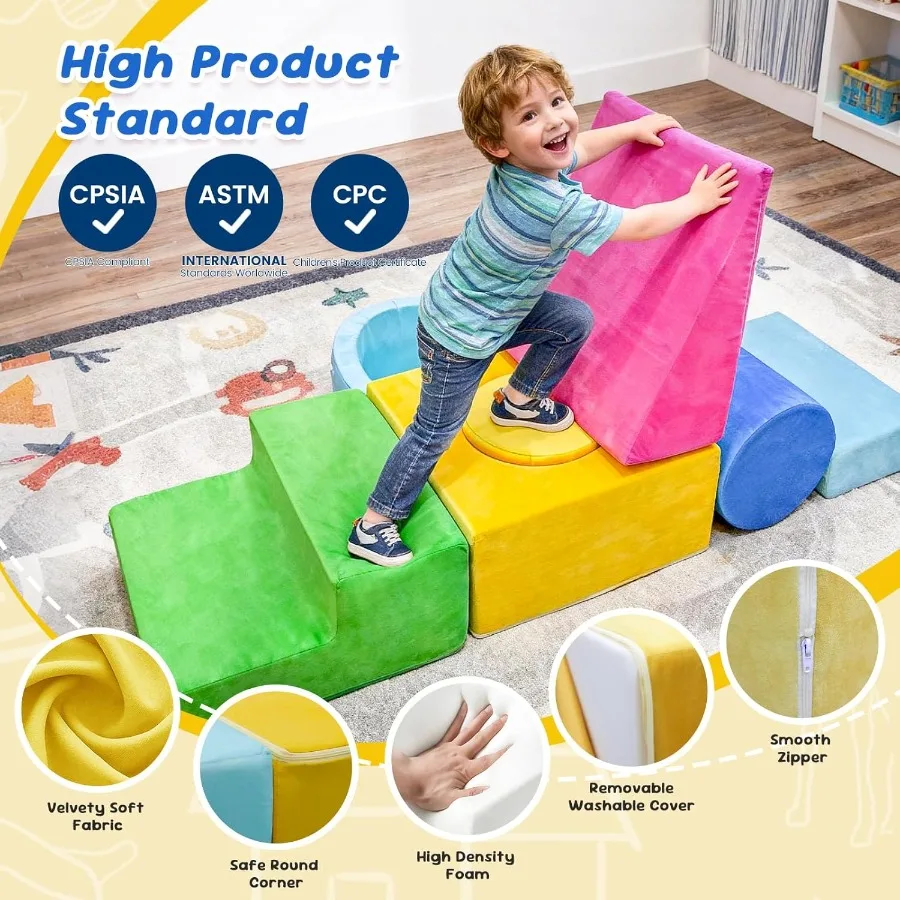 Zabawki do wspinaczki dla maluchów, 7-elementowy kolorowy zestaw piankowych klocków, miękka placówka zabaw do użytku w pomieszczeniach, do raczkowania, wspinaczki i zjeżdżania, modułowy zestaw do zabawy.