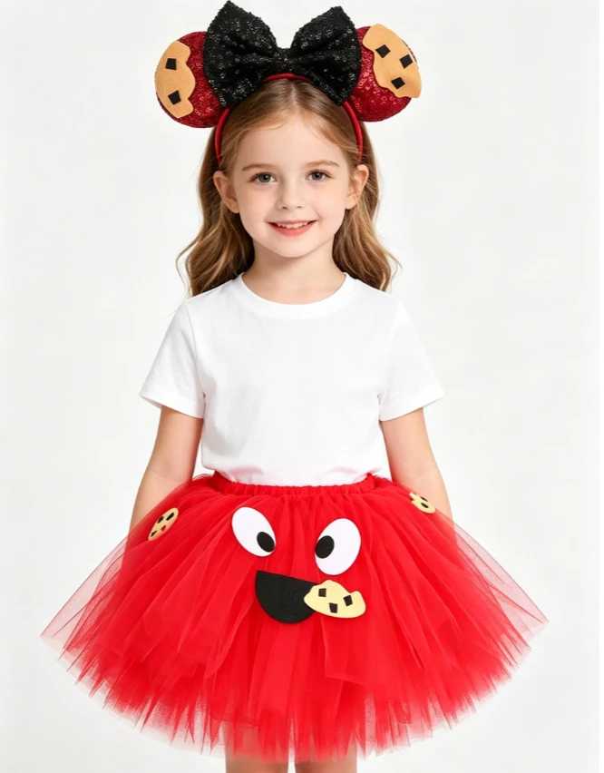 Girls Cartoon Monster Themed Tulle Layered Fluffy Tutu Dress With Mouse Ear Sequin Headband Outfit For Kids Halloween Party Wear