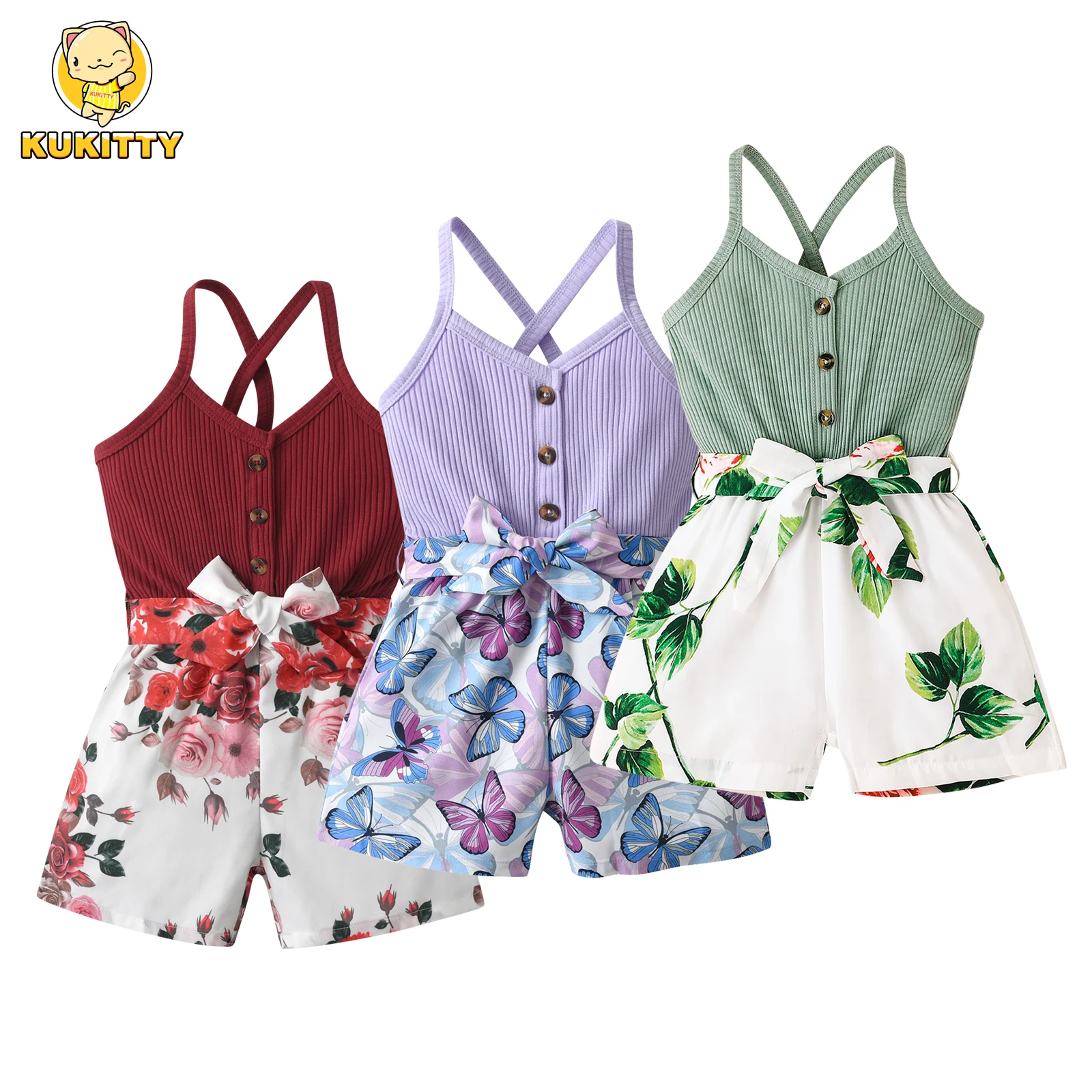 Summer Kids Girls Casual Outfits Children\'s Girl Cotton Patchwork Sleeveless Backless Romper Jumpsuit Clothing Sets