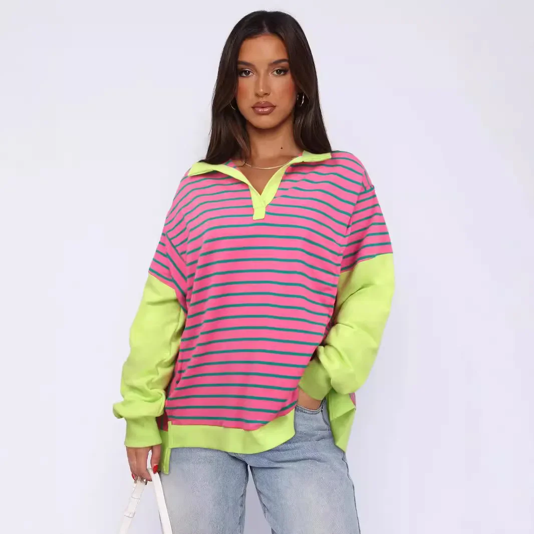 Fashion New Loose Contrasting Striped Hoodies Sweater Split Fork Autumn and Winter Casual Skinny Top Trendy Brand Women