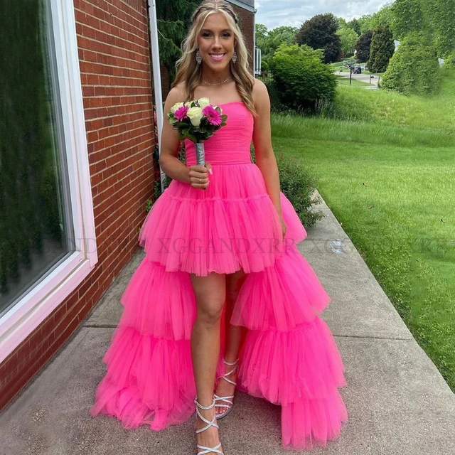 Sexy Strapless Pink High Low Prom Dresses 2023 Hot Pleated Layers Tulle Evening Party Gown For Girls Women Pageant Custom Made Prom Dresses