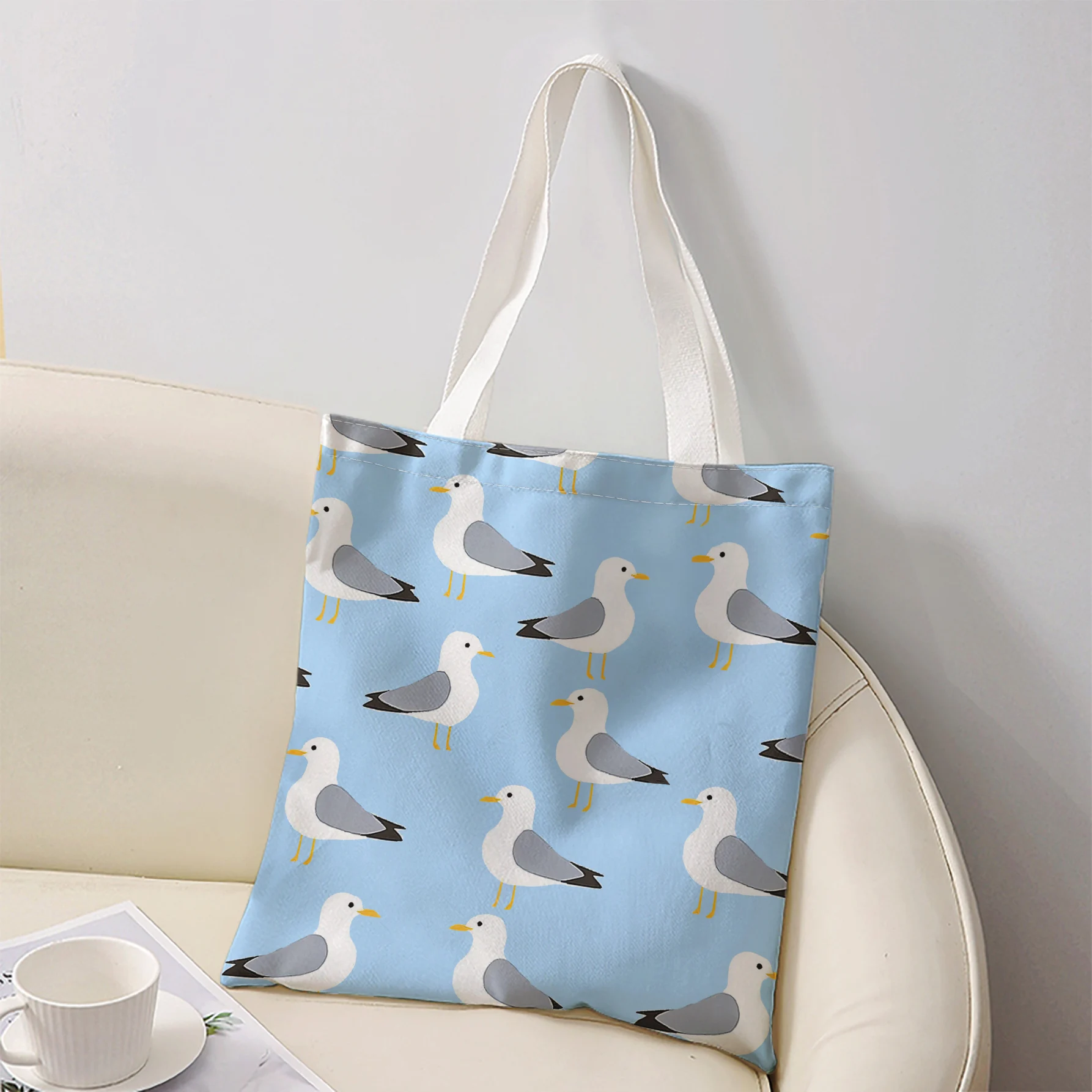 Light Blue Background Seagull All Over Print Tote Bag Large Shoulder Handbag For Shopping Daily Commute