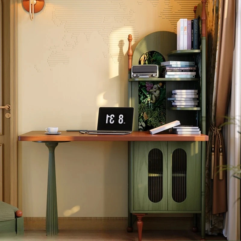 

French Retro Corner Desk: Solid Wood Built-in Computer Table with Bookshelf, Maximizes Bedroom Space for Efficient Small Office