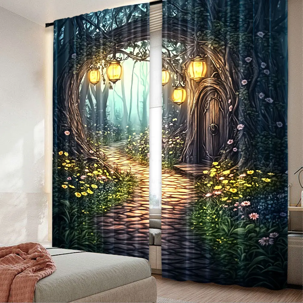 2Pcs Dream Forest Tree Curtain Fairyland Colorful Floral Green Tree Spring Woodland Suitable For Bedroom Bathroom Living Room