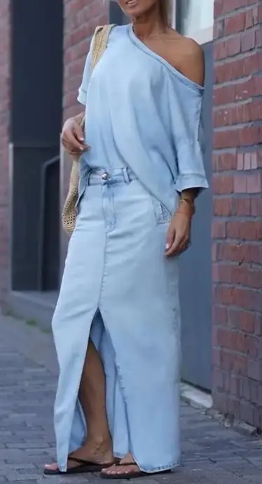 

Summer New Solid Color Slanted Neck Off Shoulder Short Sleeved T-Shirt and High Waisted Slit Straight Leg Denim Skirt Set