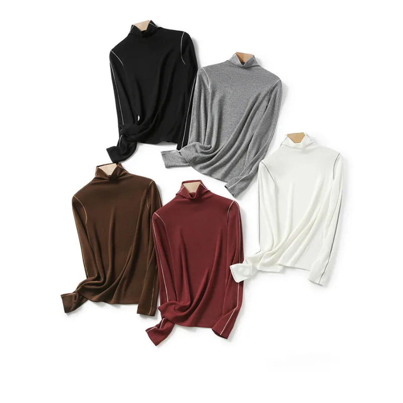 

Women Lyocell Wool Brushed Base Shirt Winter Turtleneck Color-Block Warm Long Sleeve Bottoming T-shirt Tops