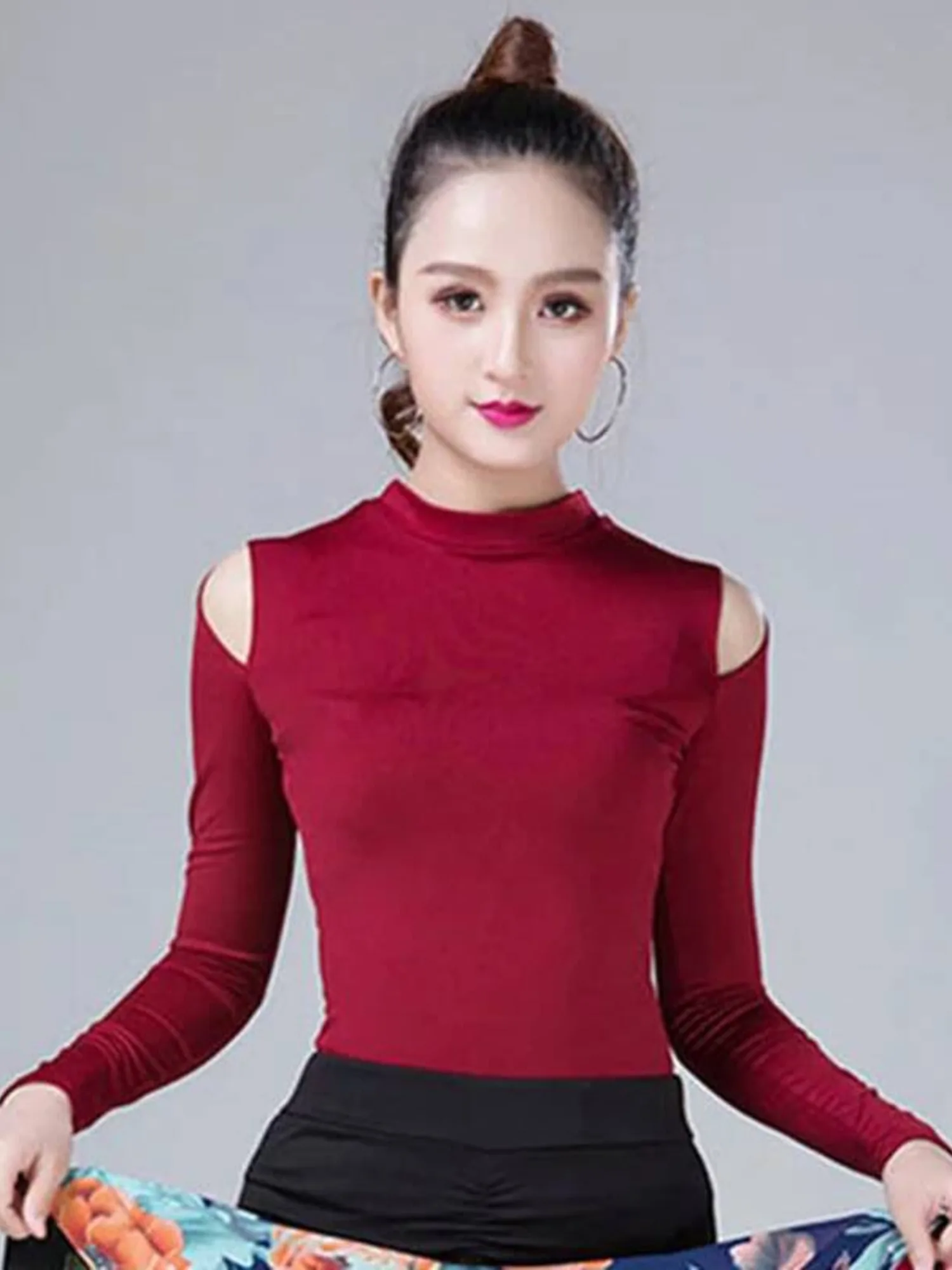 Woman Long Sleeve Practice Dance T-shirt Latin Girls Elegant Female Slim Fit Competition Top Solid Color Tango Pole Clothing