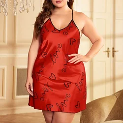 Cross Back Plus Size Silk Satin Women Nightgown Love Print Pajama Dress V Neck Female Sleepwear Sleeveless Nightwear Homwear