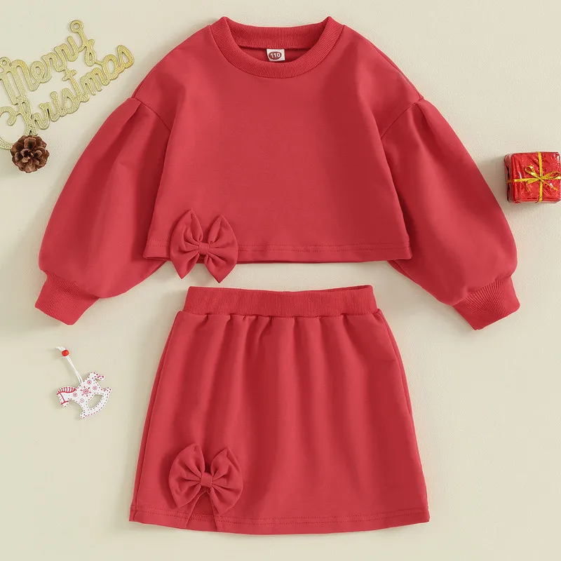 2PCS Kid Girls Skirt Sets Spring Autumn Clothes Long Puff Sleeve Side Bow Sweatshirt and Split Skirt Set Baby Clothing