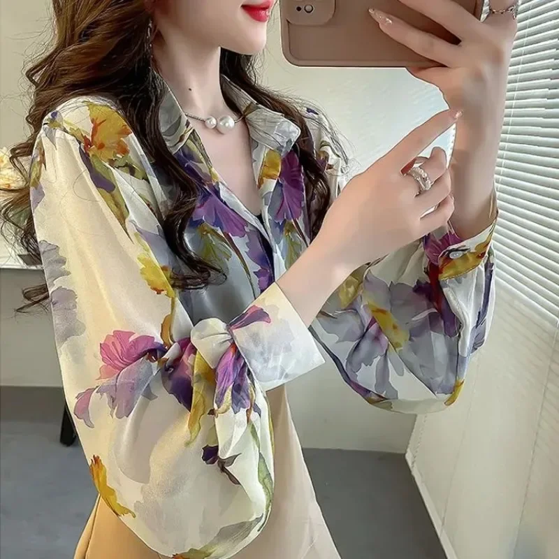 

Весна-лето 2022, новые женские блузки с принтом, модные привлекательные свободные однобортные шифоновые блузки с рукавами-фонариками XY124