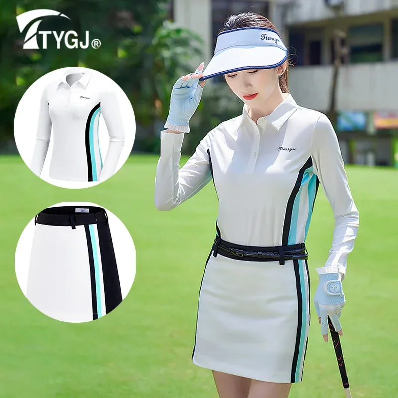 PGM  Ladies Patchwork Full Sleeve Golf Shirt Turn Down Collar Casual Tops Women Slim Golf Pencil Skirt Striped A-line Skorts