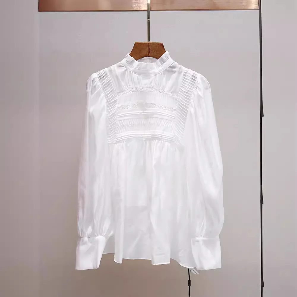 

MaSande High-End Women's Summer New Loose Chiffon irt Stand Collar Pleated Opera Sle Faionable Ele White Long Sve