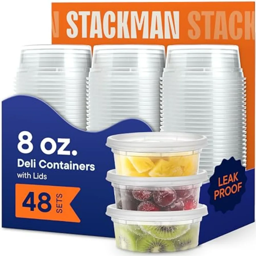 

8 oz Deli Containers with Lids 48 Sets Clear Plastic Food Storage Containers, Airtight Leak-Resistant Seal, BPA-Free, Microwave