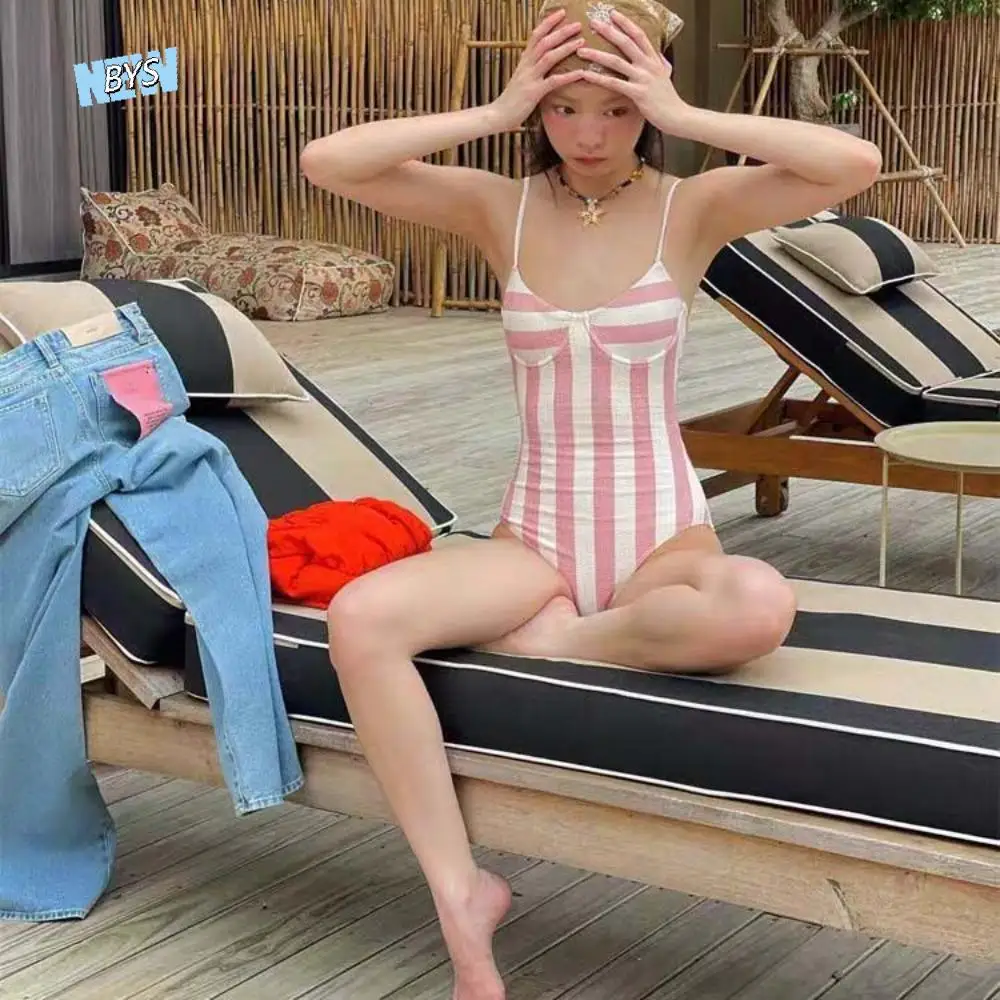 

Retro Stripe Women Swimming Suit Belly Cover Up Pink Striped Girls Swimwears Backless Hot Spring Sports Swimsuit Summer