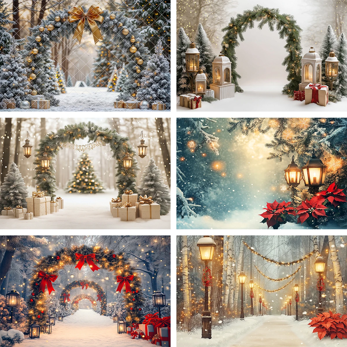 

Christmas Arch Snowy Forest Photography Backdrops Adult Kids Portrait Photocall Background Red Bows Twinkling Lights Photo Props