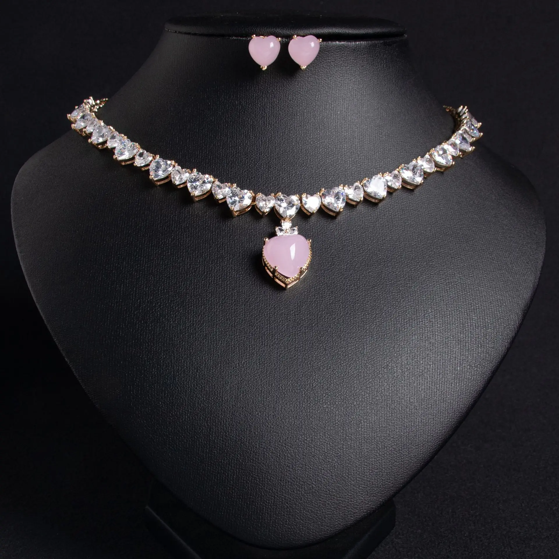 HIBRIDE Simple Luxury Women's Versatile Zircon Jewelry Love Necklace Stud Earrings Set Evening Graduation Dress Festival S-597