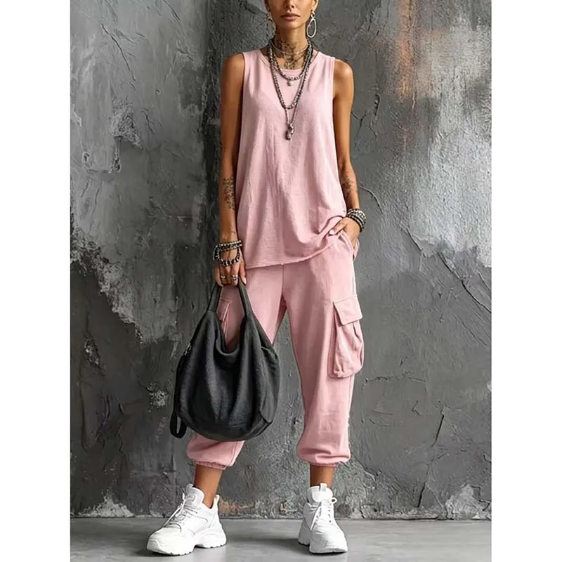 Casual O Neck Vest T-shirt 7-point Pants 2piece Set Summer Fashion Pocket Overalls Loose Retro Simple Women's Vacation Pants Set