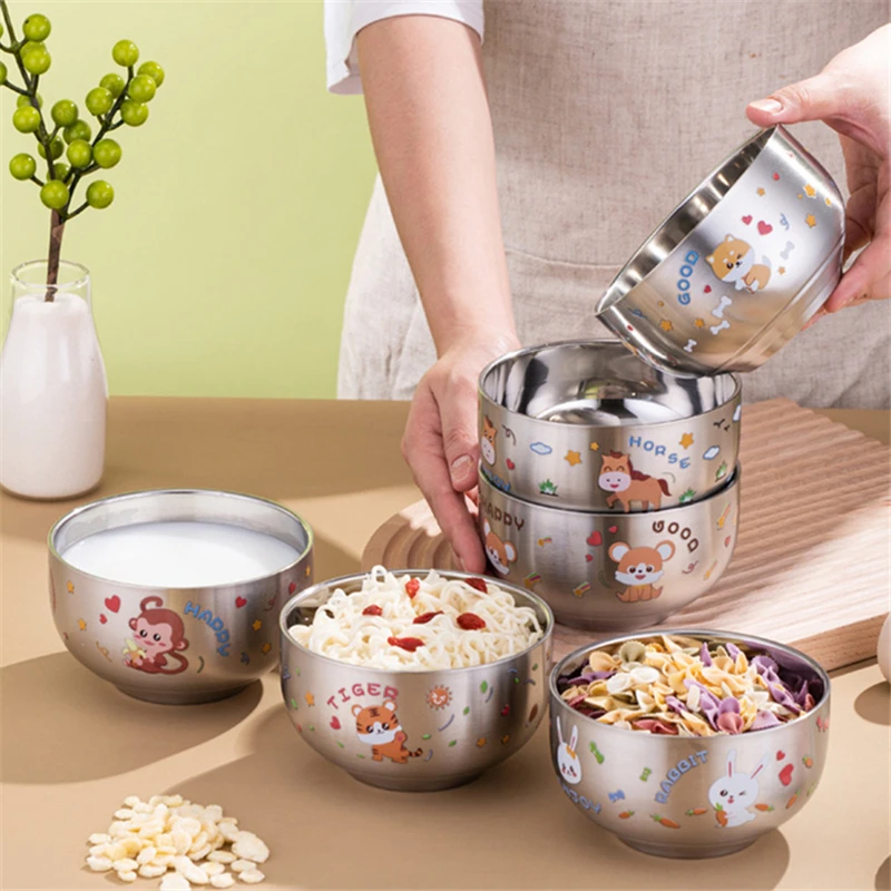 Cuencos de Ramen de arroz de doble capa de dibujos animados para niños, cuenco pequeño de fideos de gachas de acero inoxidable, vajilla de Metal de cocina, contenedor de alimentos
