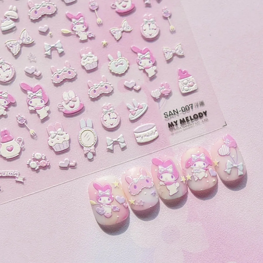 

1PCS Sanrio Melody Kuromi Nail Art Stickers Nail Accessories Hello Kitty Pom Pom Purin 5D Nail Art Stickers Nail Art Decoration