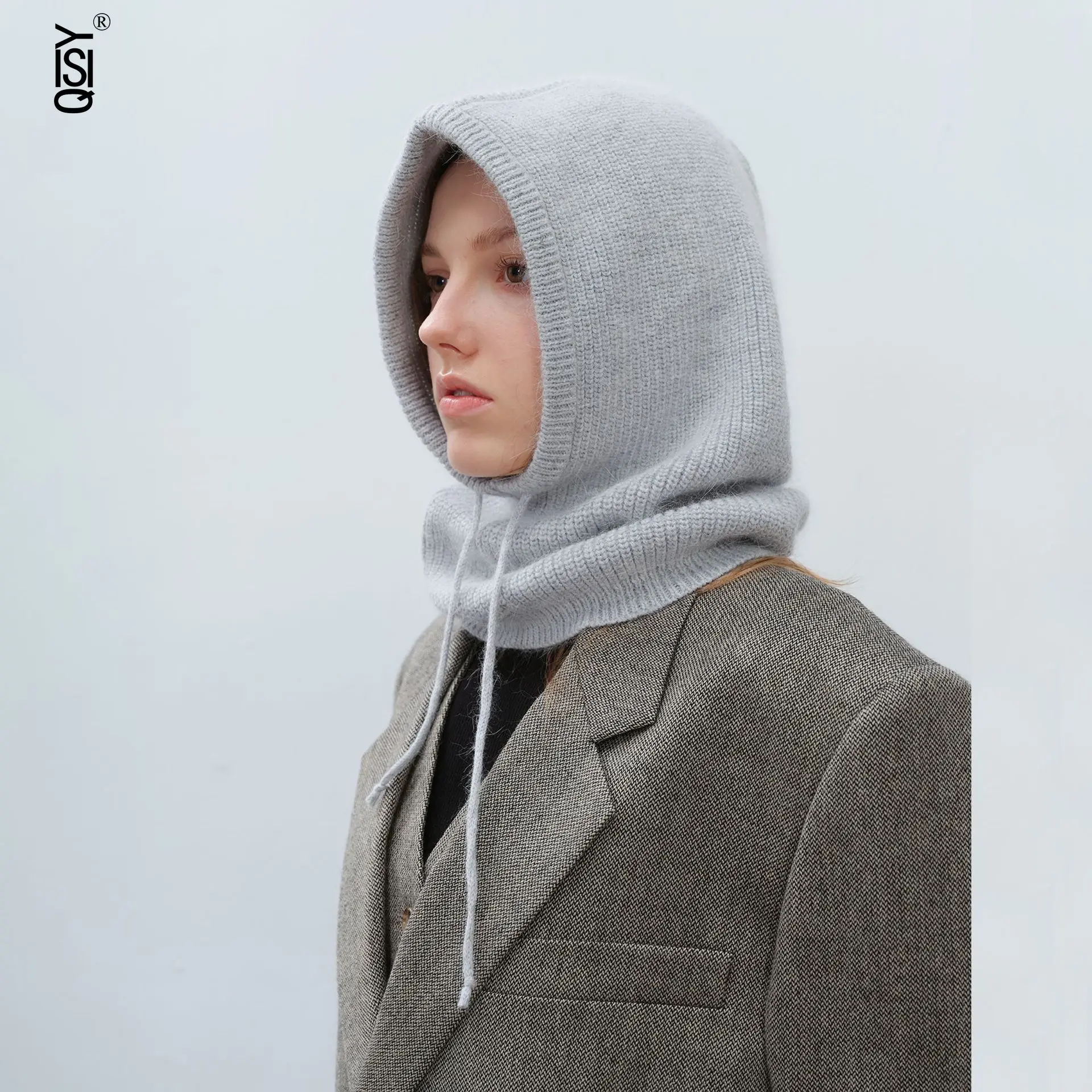 

Men's and Women's Same Style Hat and Neck One-piece Drawstring Balacala Cap Women's Winter Rabbit Fur Retro Pullover Knitted Cap