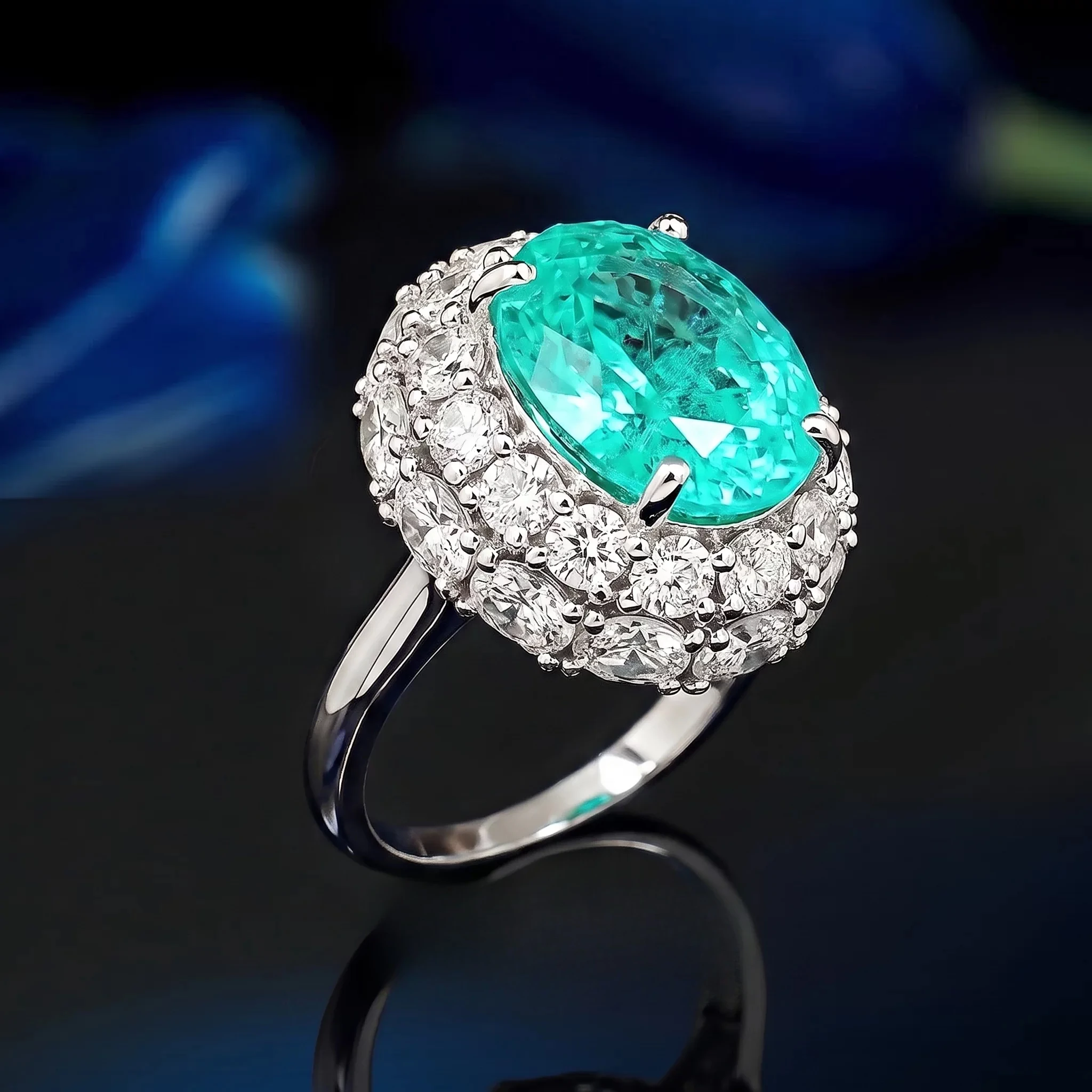 925 Sterling Silver Oval 10*12mm Paraiba Color YAG Ice Crack Stone Ring Large Carat Luxury Adjustable Women Finger Jewelry