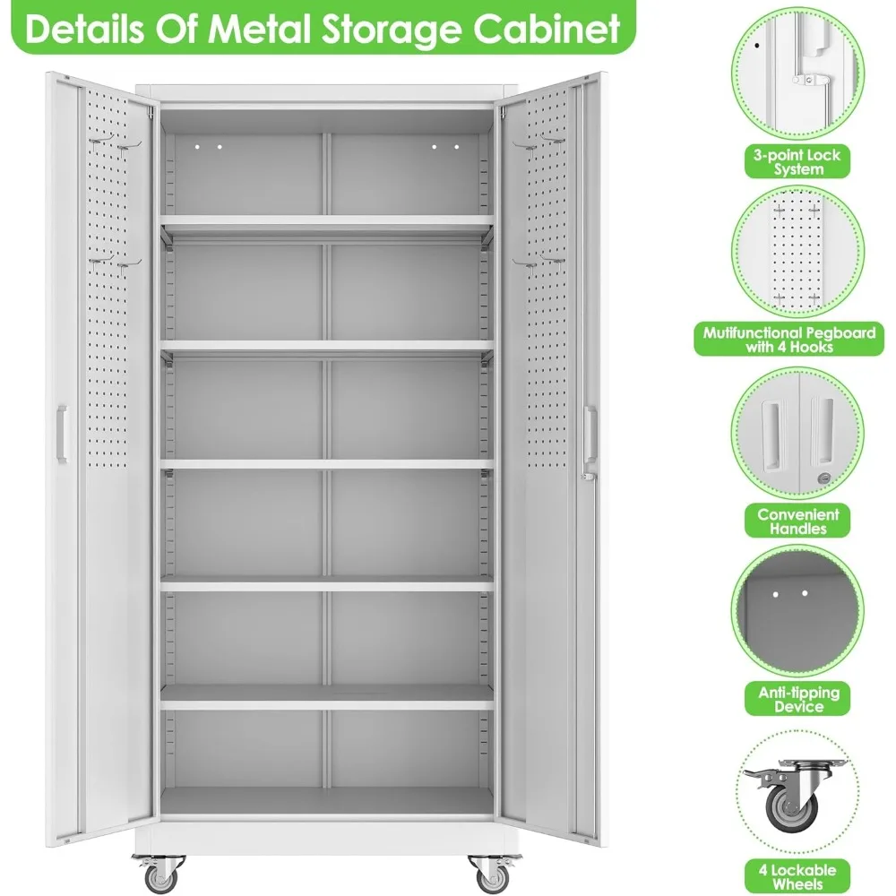Metall-Aufbewahrungsschrank 32 x 16 mit 5 verstellbaren Regalen und Stecktafeln, Garagen-Aufbewahrungsschrank auf Rädern zur Organisation