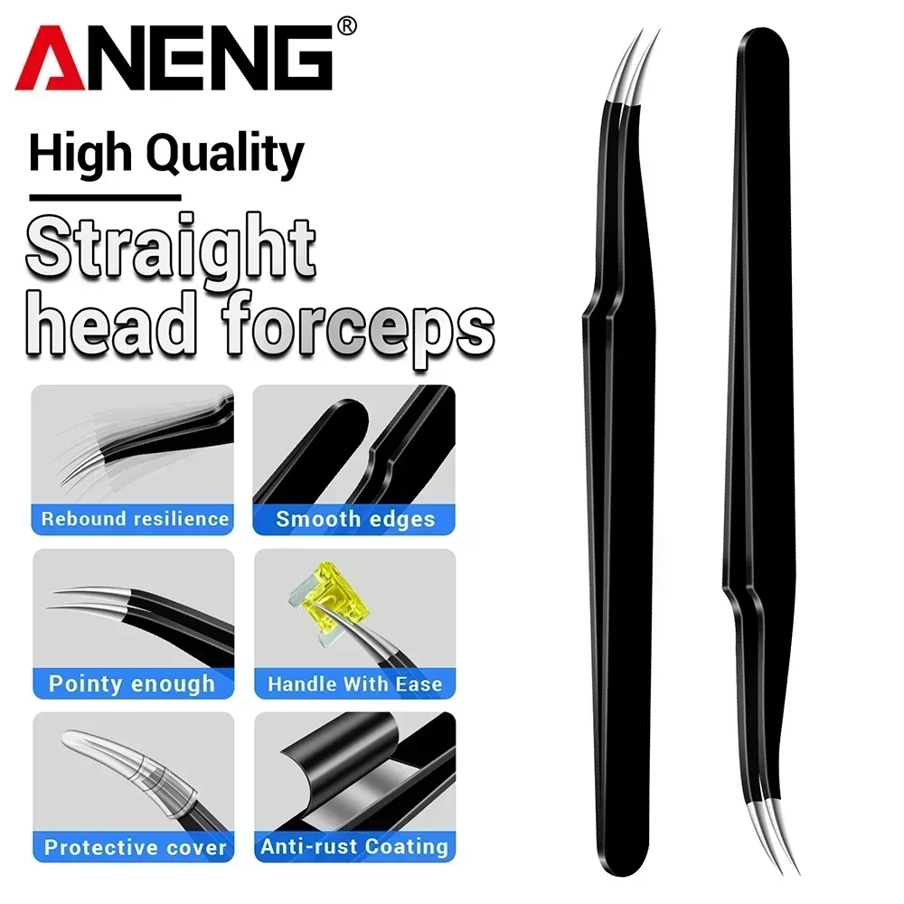 ANENG Precision Straight headed/Bend Tweezers Anti-Static Stainless Steel Tweezers Repair Tools for Electronics Repair Soldering