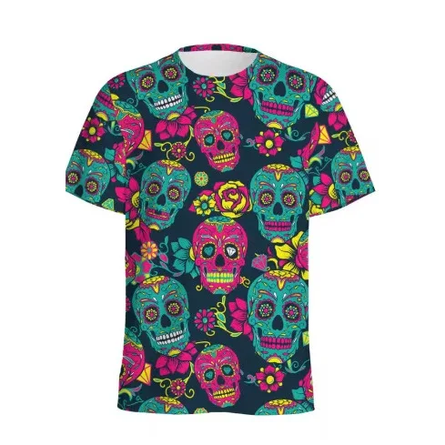 Men Mexican Sugar Skull Rose 3D Print T‑Shirt Day Of The Dead Colorful Skull Floral O‑Neck Short Sleeve Casual Summer Tee Tops