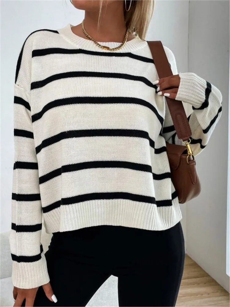 Winter Clothes Woman Pulls Femmes Loose Crew Neck Striped Knitted Pullover Sweater All-match Simple Style Comfortable Commuting