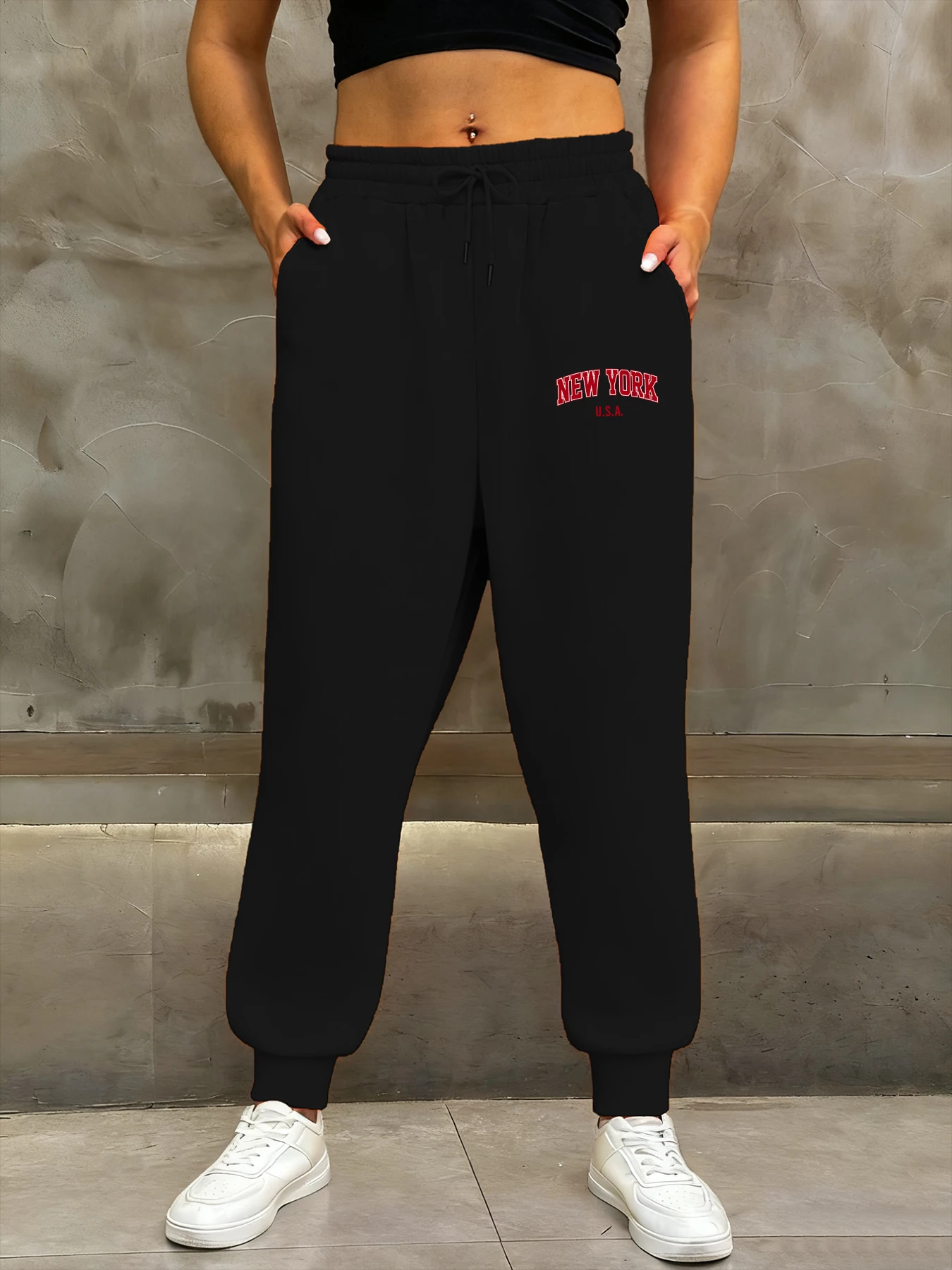 뉴욕 미국 프린트 여성 가을 기본 스포츠 팬츠 플리스 패션 스웨트팬츠 캐주얼 스트리트 바지 포켓 조깅 롱 팬츠